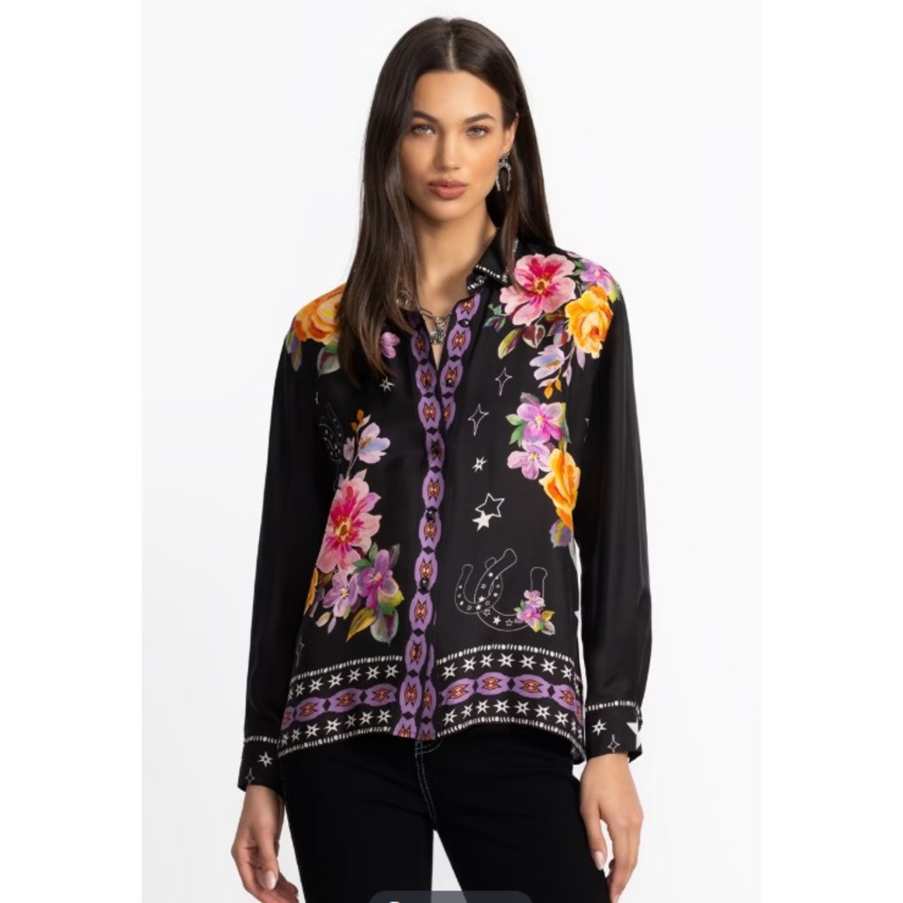 Johnny Was Rosalynda Button Down Silk Blend Shirt Womens PXL Western Kasumi NEW